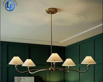 5 Light Bronze Chandelier Fabric Shades – Dining Room Chandelier Lighting , Traditional Curved Arm Ceiling Light ,Classic Elegant Home Décor