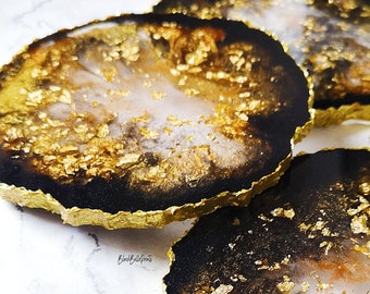 Black, Copper and Gold Leaf Flakes Resin Coasters with Textured Edge