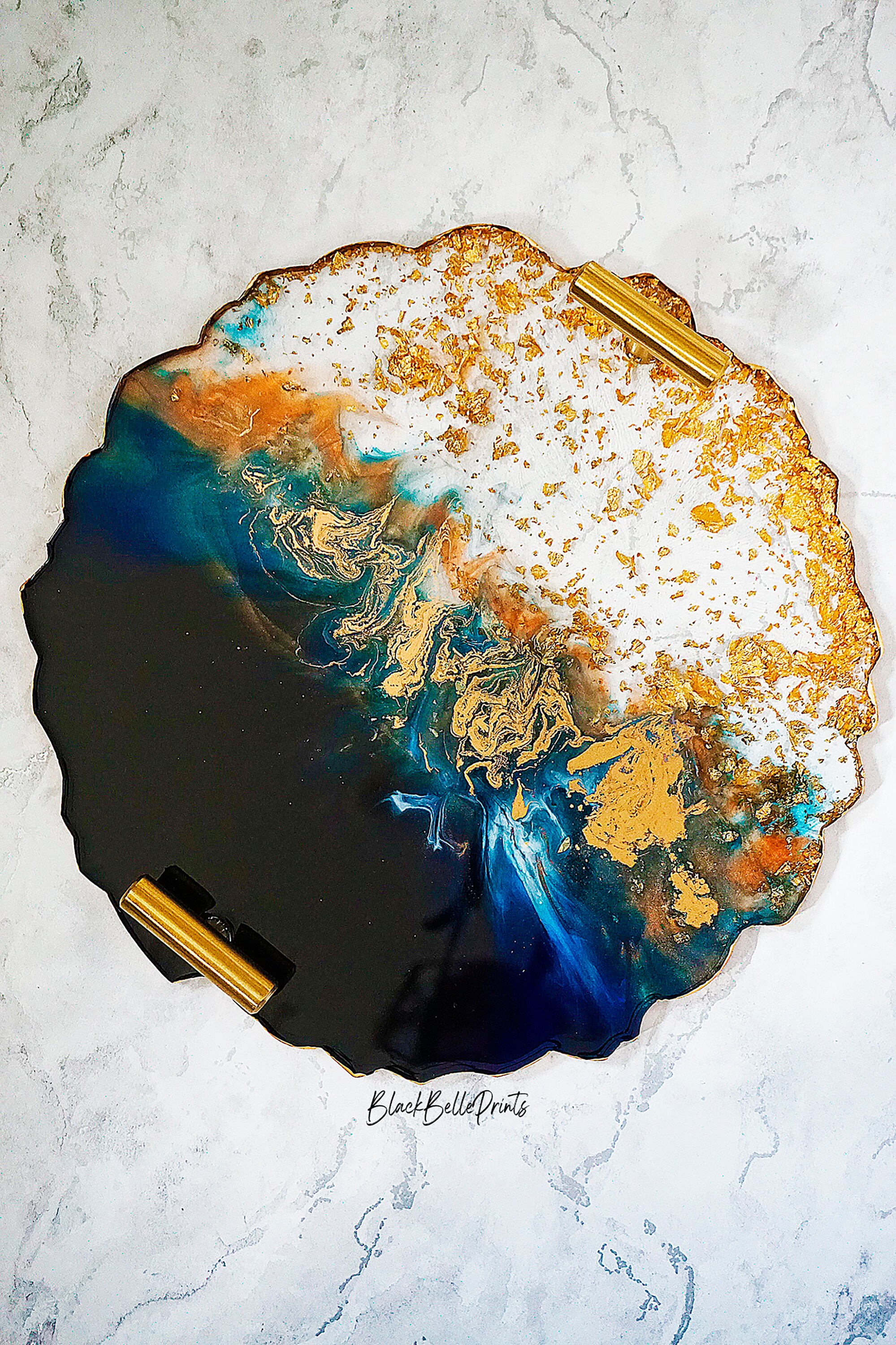 Plateau de Service en Résine d'océan avec Poignées d'or