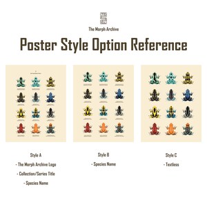 May include: A poster style option reference featuring three designs with colorful frog illustrations. The designs are labeled Style A, Style B, and Style C. Style A includes The Morph Archive logo, collection/series title, and species name. Style B features species names, and Style C is textless.