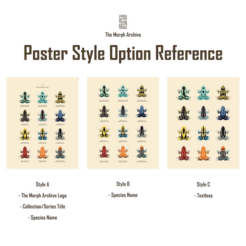 May include: A poster style option reference featuring three designs with colorful frog illustrations. The designs are labeled Style A, Style B, and Style C. Style A includes The Morph Archive logo, collection/series title, and species name. Style B features species names, and Style C is textless.