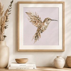 Korsstygnsmönster med botanisk kolibri | Boho blommig fågel PDF (digital nedladdning)