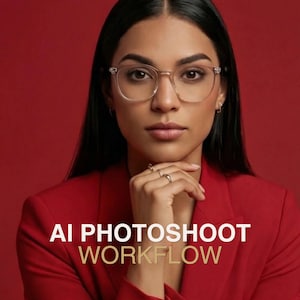 May include: A woman wearing clear-framed glasses and a red blazer. The image has the text "AI PHOTOSHOOT WORKFLOW" in white and gold. The background is a solid red.