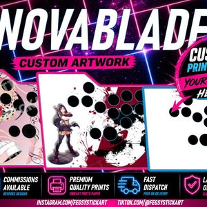 May include: A Novablade custom artwork display featuring three arcade controller faceplate templates. Two templates show anime-style character illustrations with black button cutouts, while the third is a blank white template with black button cutouts and text reading Custom Print & Cut Your Design Here and Your Design Here.