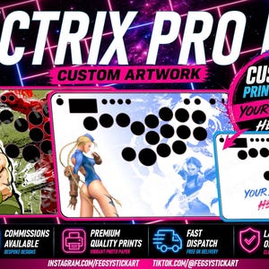 以下が含まれることがあります： カスタムアートワークが施された3枚の長方形のVictrix Pro KOコントローラー用フェイスプレート。2枚のプレートには格闘ゲームのキャラクターが描かれており、3枚目は「YOUR DESIGN HERE!」というテキストとピンクの円形バッジが配置された白いテンプレートです。