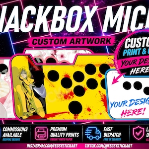 May include: A Snackbox Micro controller featuring custom artwork with anime-style characters in red and yellow color schemes, alongside a white template showing button layouts with the text Custom Print & Cut Your Design Here and Your Design Here.