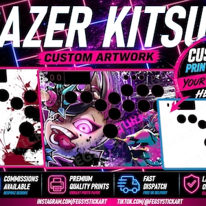 May include: A Razer Kitsune custom artwork skin featuring a white base with a character illustration and a vibrant purple and black graphic design. The layout includes circular button cutouts and text overlays stating Razer Kitsune, Custom Artwork, and Custom Print & Cut Your Design Here.