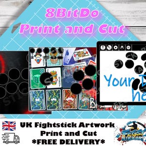 May include: An assortment of fightstick artwork designs. One features a black background with red accents and circular button cutouts. Another showcases playing card designs, and the third has a white background with the text "Your Design here".