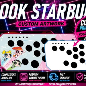 May include: Custom arcade controller faceplates featuring Brook Starburst branding. The designs include a character illustration, a cartoon trio, and a blank template with black circular button cutouts. Text includes CUSTOM PRINT & CUT YOUR DESIGN HERE.