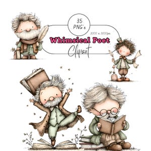 Whimsical Poet Man Clipart Bundle Vintage Storybook Writers (Digital Download – 35 PNGs)