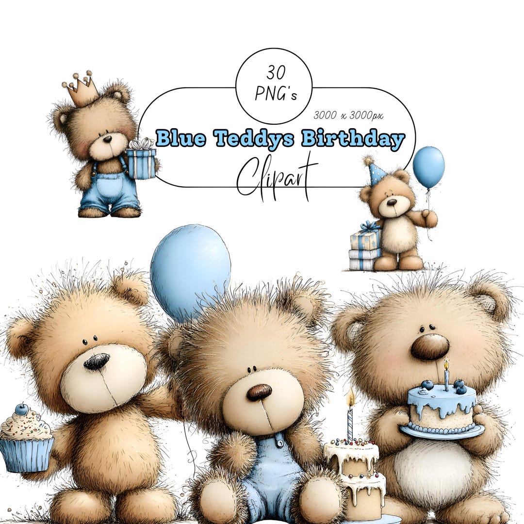 Blue Teddy Bear Birthday Clipart – Baby Boy Party Illustrations (30 ...