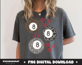 May include: Dark grey t-shirt with three circular designs, each displaying the number "8". The designs feature animal print patterns: leopard, snake, and zebra. Red star shapes are scattered around the designs. The text "graceandwonder designs" and "PNG DIGITAL DOWNLOAD" are at the bottom.