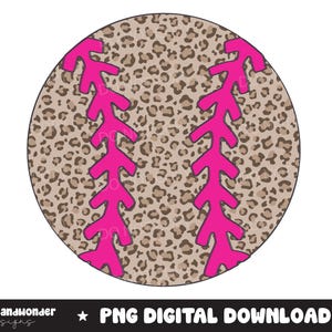 Op de afbeelding: Een honkbal met een bruin luipaardprintpatroon en felroze stiksels. De afbeelding is een digitale PNG-download. De tekst "PNG DIGITAL DOWNLOAD" staat onderaan de afbeelding.