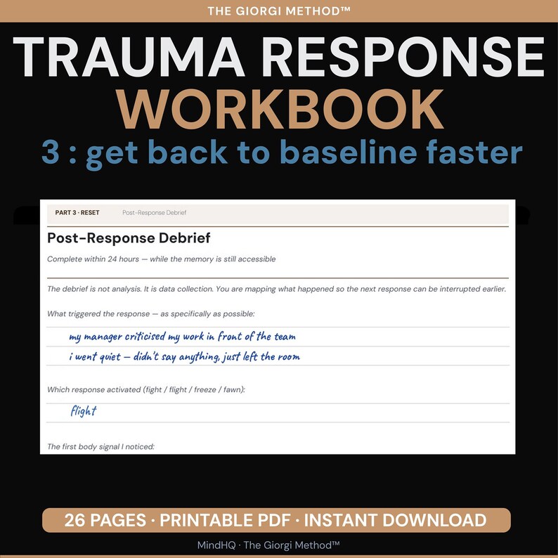 Puede incluir: Un cuaderno negro titulado "TRAUMA RESPONSE WORKBOOK" con el texto "3: get back to baseline faster". Las p&aacute;ginas interiores incluyen una secci&oacute;n "Post-Response Debrief" con indicaciones para completar. Contiene 26 p&aacute;ginas.