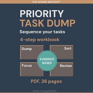 May include: A digital workbook titled "PRIORITY TASK DUMP" with a dark blue background. The text describes a 4-step process: Dump, Sort, Focus, and Review. The workbook is "evidence based" and is a PDF with 26 pages.