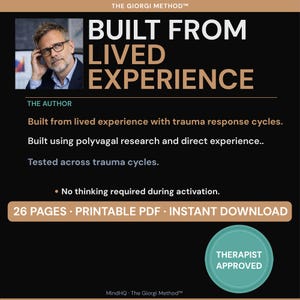 Puede incluir: Imagen con fondo negro y texto "BUILT FROM LIVED EXPERIENCE" en blanco y dorado. Un retrato de un hombre con gafas est&aacute; en la esquina superior izquierda. El texto "26 PAGES &bull; PRINTABLE PDF &bull; INSTANT DOWNLOAD" est&aacute; en un rect&aacute;ngulo beige.