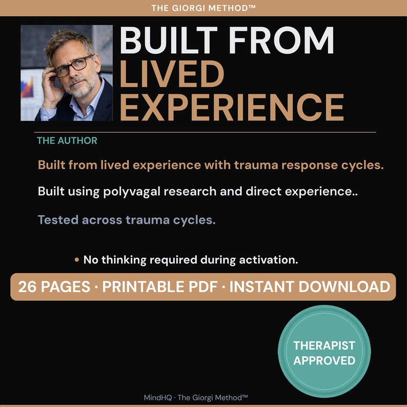 Puede incluir: Imagen con fondo negro y texto "BUILT FROM LIVED EXPERIENCE" en blanco y dorado. Un retrato de un hombre con gafas est&aacute; en la esquina superior izquierda. El texto "26 PAGES &bull; PRINTABLE PDF &bull; INSTANT DOWNLOAD" est&aacute; en un rect&aacute;ngulo beige.