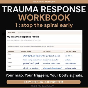Puede incluir: Un cuaderno de trabajo titulado "TRAUMA RESPONSE WORKBOOK" con el subt&iacute;tulo "1: stop the spiral early". La portada presenta texto y una tabla que detalla las respuestas al trauma, las se&ntilde;ales corporales y los desencadenantes. El cuaderno de trabajo incluye el texto "Your map. Your triggers. Your body signals."