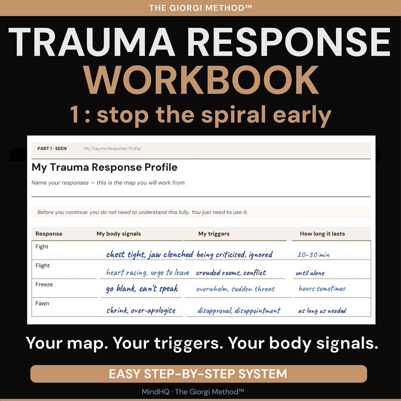 Puede incluir: Un cuaderno de trabajo titulado "TRAUMA RESPONSE WORKBOOK" con el subt&iacute;tulo "1: stop the spiral early". La portada presenta texto y una tabla que detalla las respuestas al trauma, las se&ntilde;ales corporales y los desencadenantes. El cuaderno de trabajo incluye el texto "Your map. Your triggers. Your body signals."