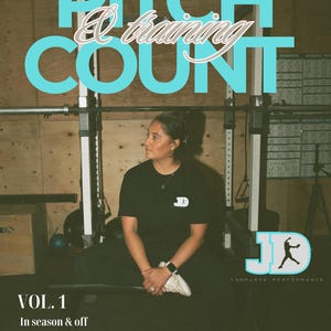 May include: A woman in a black t-shirt with a white logo sits in a gym. The image features the text "PITCH COUNT & training" in teal, along with "VOL. 1 In season & off season training for strength & speed."