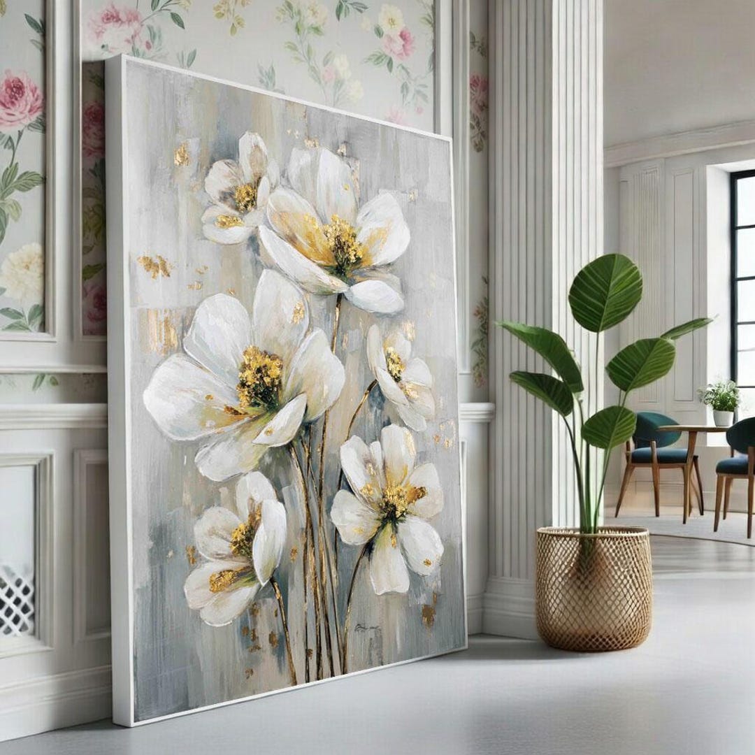Elegant White Floral Canvas Wall Art Print Modern Living Room Decor ...
