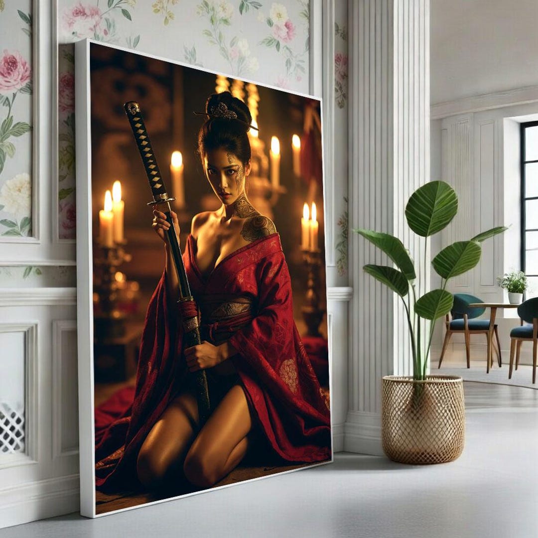 Elegant Samurai Woman Canvas Wall Art Print Bold Red Bedroom Decor ...