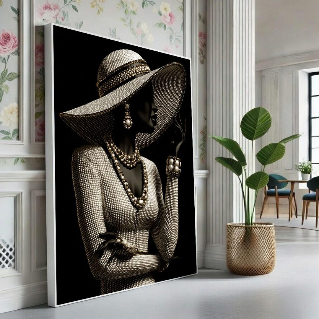 Elegant Black Woman in Hat Canvas Wall Art Print Chic Living Room Decor ...