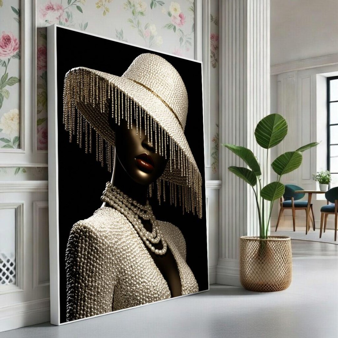 Elegant Black Woman in Pearl Hat Canvas Wall Art Print Chic Living Room ...