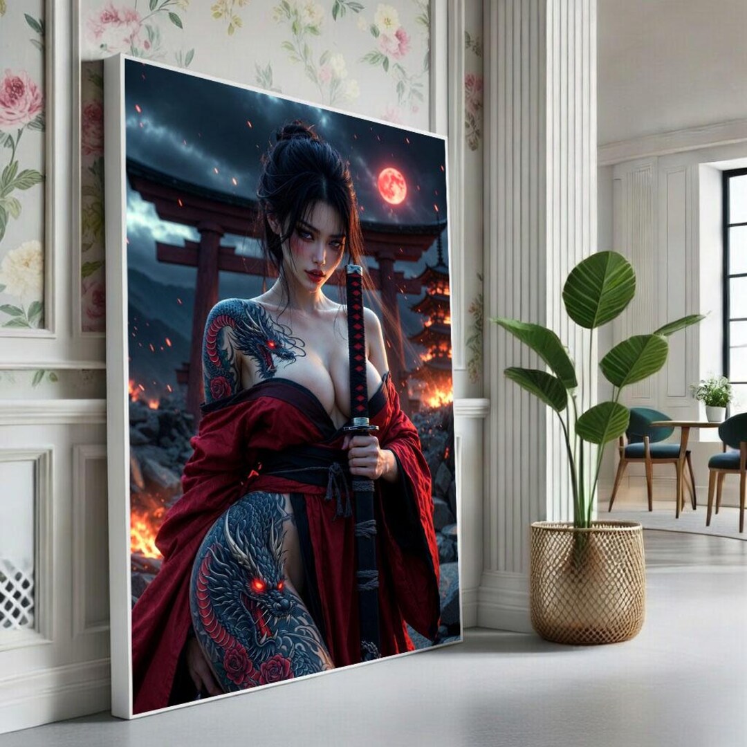 Fierce Samurai Woman in Red Kimono Canvas Wall Art Print Bold Bedroom ...