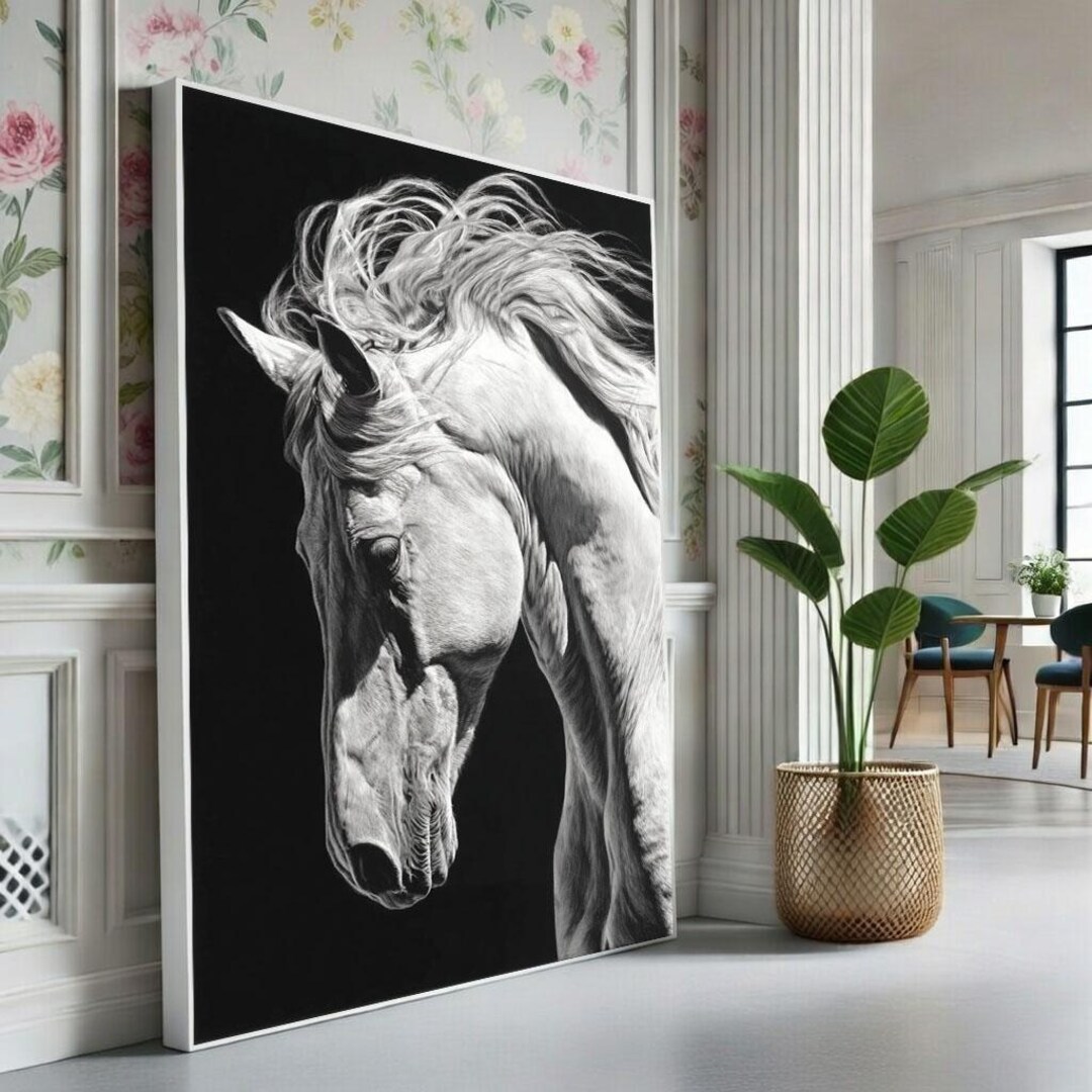 Graceful White Horse Portrait Canvas Wall Art Print Elegant Living Room ...
