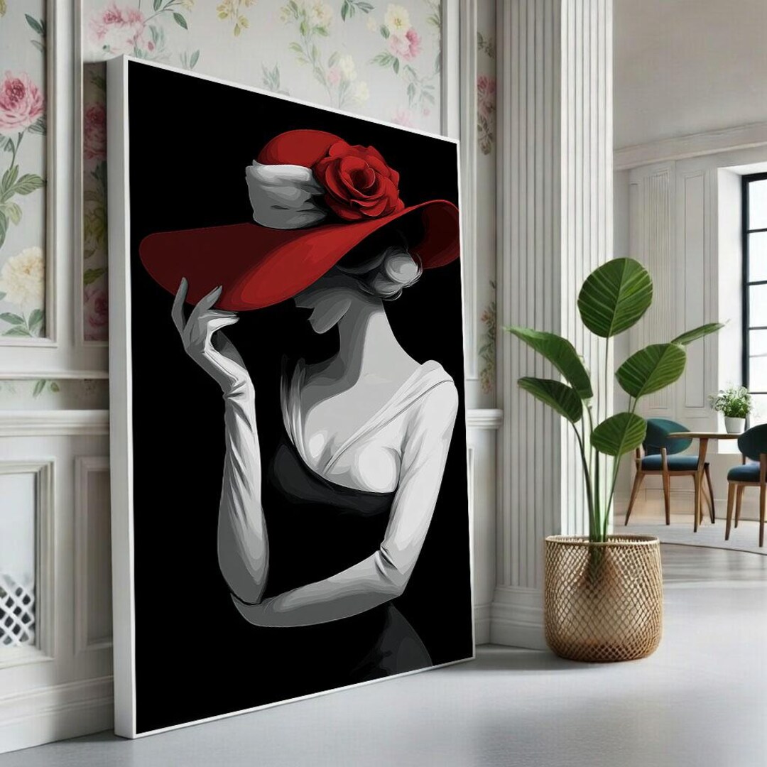 Elegant Woman in Red Hat Canvas Wall Art Print Chic Living Room Decor ...