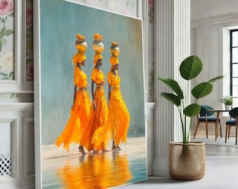 May include: A framed art print showing three women in orange dresses and headscarves, each balancing a pot on their head. The artwork features a blue and orange colour scheme, with a reflective water surface.