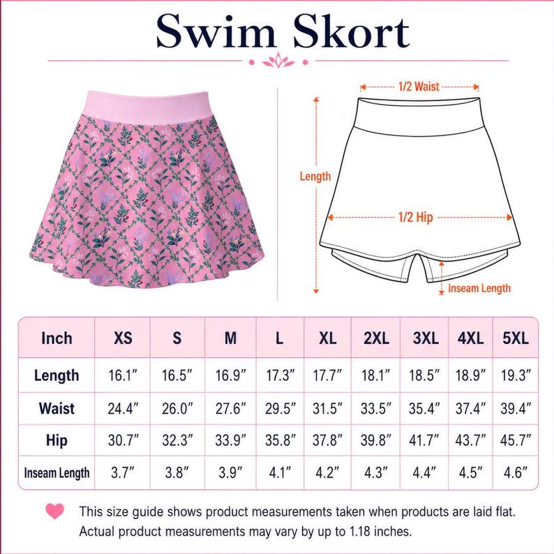 Peut inclure: Une jupe-short de bain rose avec un motif floral en treillis vert et rose, dot&eacute;e d'une ceinture rose unie. L'image comprend un sch&eacute;ma technique avec des &eacute;tiquettes pour la longueur, la demi-taille, la demi-hanche et l'entrejambe, et un tableau.