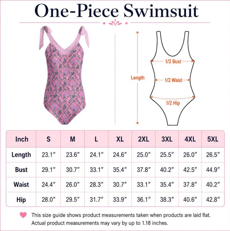 Peut inclure: Un maillot de bain une pi&egrave;ce rose avec un motif treillis et floral vert, dot&eacute; de bretelles &agrave; nouer et d'un d&eacute;collet&eacute; en V. L'image inclut un tableau des tailles avec des mesures en pouces pour les tailles S &agrave; 5XL, longueur, buste, taille et hanches.