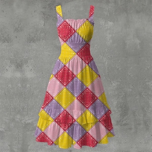 May include: A sleeveless midi dress featuring a square neckline and a fitted bodice with a smocked back. The dress is decorated with a diamond-shaped patchwork pattern in shades of red, yellow, pink, and lavender, finished with a tiered skirt.