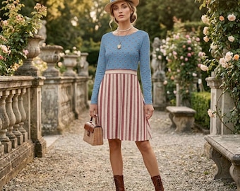 Robe bleu clair à fleurs folkloriques | Ensemble assorti pour poupée, 100 % coton, tailles S-7XL