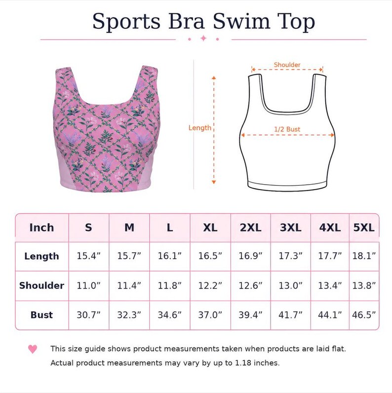 Peut inclure: Un haut de maillot de bain de type brassi&egrave;re rose avec un motif en treillis floral vert et violet. L'image comprend un sch&eacute;ma technique indiquant la longueur, les &eacute;paules et le demi-buste, ainsi qu'un tableau des tailles en pouces de S &agrave; 5XL.