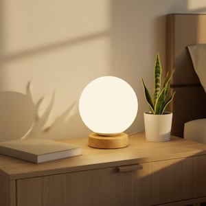 Modern globe lamp with wooden base | Aesthetic spherical lighting for cozy spaces | Minimalist table lamp for bedroom