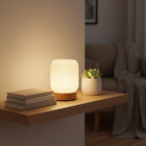 May include: A modern bedside lamp with a ribbed, off-white shade and a wooden base sits on a wooden shelf. Beside the lamp is a small white pot with a succulent plant and a stack of books. The lamp emits a warm, inviting glow.