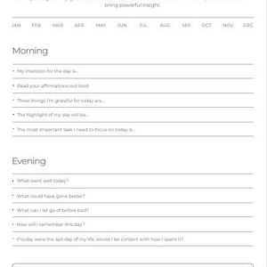 May include: A white Daily Reflection journal page with prompts for morning and evening self-reflection. The journal includes sections for intentions, gratitude, and daily highlights. The top of the page reads "DAILY REFLECTION".