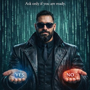 Puede incluir: Un hombre con abrigo negro y gafas de sol extiende las manos, una con "YES" y la otra con "NO". El texto "The Answer Already Exists" y "Ask only if you are ready" están arriba. Abajo dice "Do not question the result."