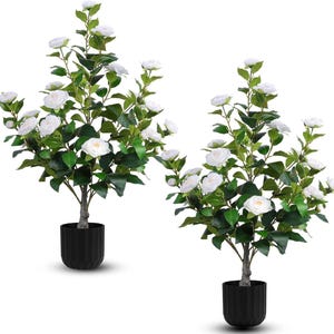 2PCS Artificial Camellia Tree – White Faux Flower Plant in Pot for Indoor Outdoor Porch