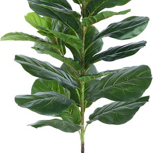 May include: A faux fiddle leaf fig tree with large, vibrant green leaves. The artificial plant has a brown stem and is potted in a black pot. The leaves have prominent veining, adding to the realistic appearance of the plant.