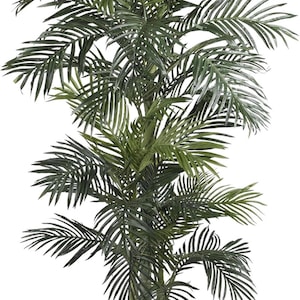 May include: An artificial palm tree with multiple trunks and dense, green fronds. The plant is in a black plastic pot. The leaves have a detailed, realistic appearance, creating a natural aesthetic. The height is approximately 150 cm.