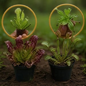 May include: Two small black plastic pots each containing a carnivorous plant. The left plant has dark reddish-purple leaves, while the right plant has bright green leaves. Each pot features a thin yellow circular hoop positioned behind the plant.
