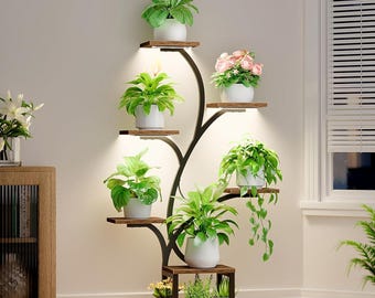 7 Tier Corner Plant Stand with Grow Lights | 49" Metal Tree Shelf Home Decor