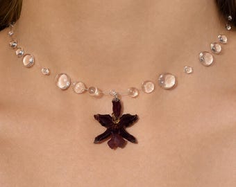 Echte Orchidee Blume Halskette, gepresster botanischer Anhänger, Natur inspiriert Choker Schmuck