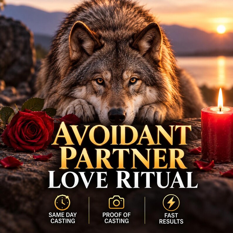 May include: A wolf rests behind text that reads AVOIDANT PARTNER LOVE RITUAL, SAME DAY CASTING, PROOF OF CASTING, and FAST RESULTS. A red rose and a lit red pillar candle are positioned in the foreground against a sunset landscape background.