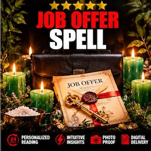 May include: A document titled JOB OFFER with a red wax seal and a gold key resting on it, placed in front of a black briefcase. Surrounded by green candles, a bowl of white crystals, and foliage, with five yellow stars above the text.