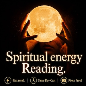 May include: A glowing, spherical moon lamp with a textured surface held in place. The text reads "Spiritual energy Reading." Below are three icons with the labels "Fast result," "Same Day Cast," and "Photo Proof" in a gold font on black.